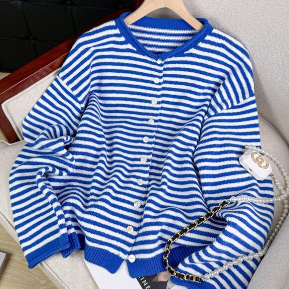 Casual Women's Vivid Style Street Loose Striped Knit Cardigan Sweater - Picture 7 of 10